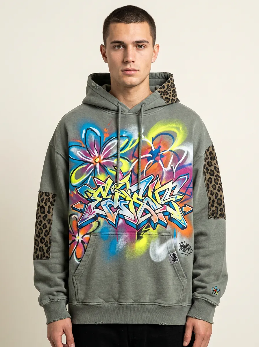 Unisex Graffiti Floral Leopard Patch Graphic Hoodie