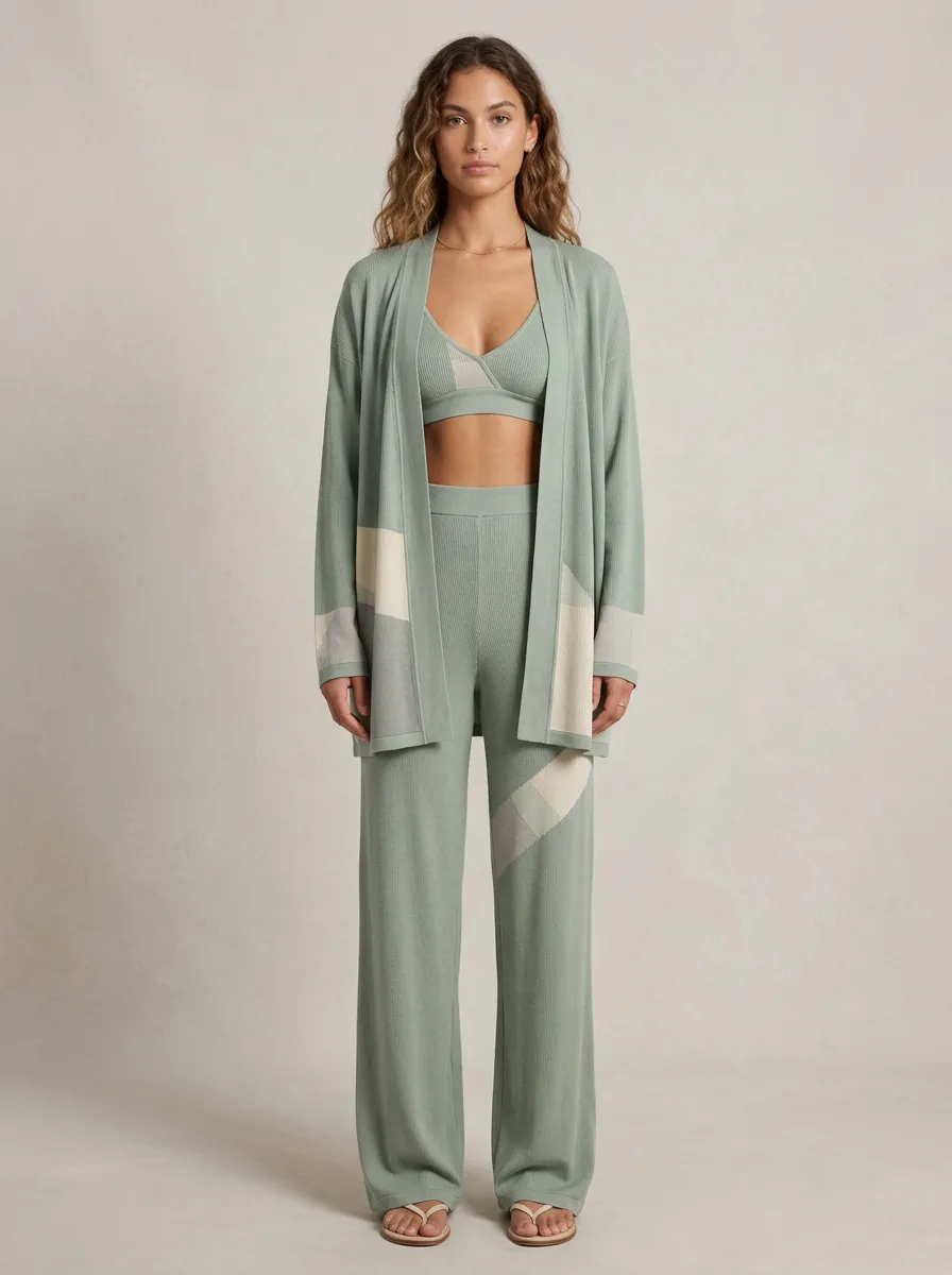 Colorblock Ribbed Cardigan Lounge Set