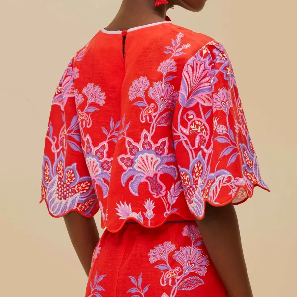 Linen Floral Beaded Short-Sleeve Blouse