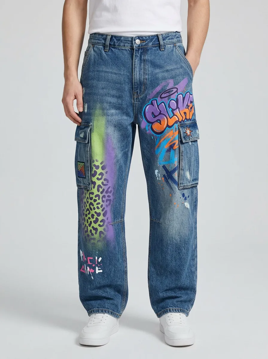 Men's Streetwear Graffiti Leopard Print Graphic Cargo Jeans