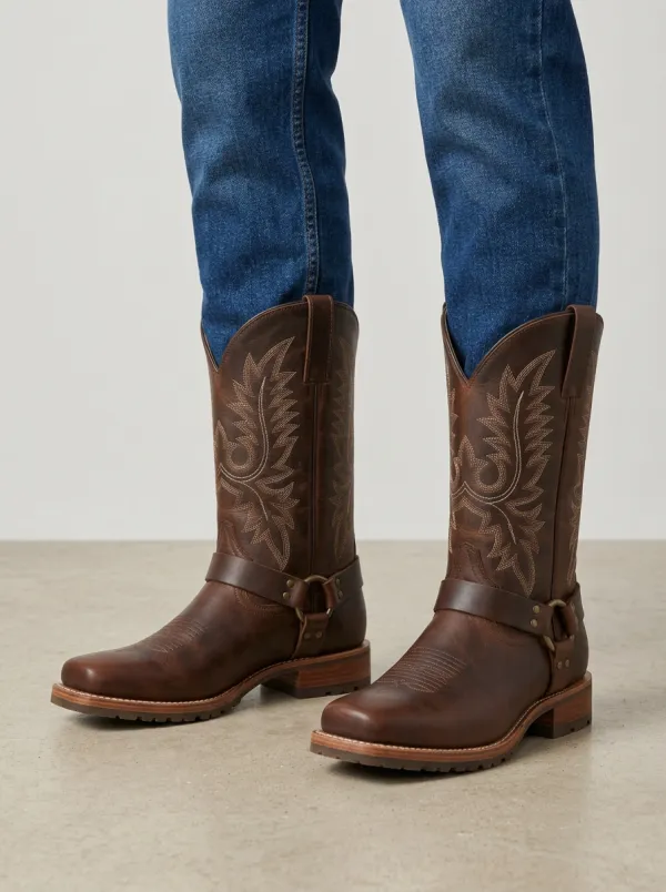 Men's Heritage Western Embroidered Harness Brown Leather Boots