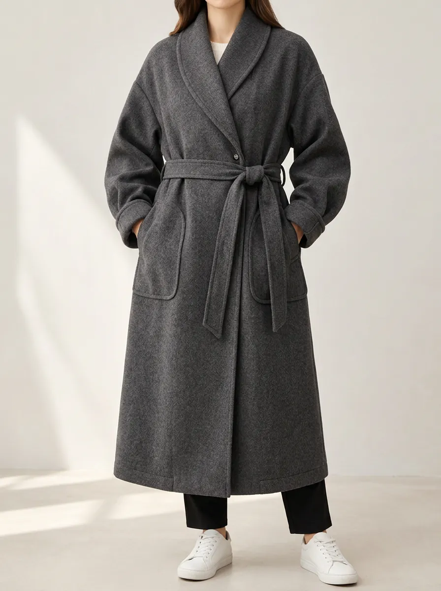 Women's Belted Wool Blend Coat in Charcoal Grey