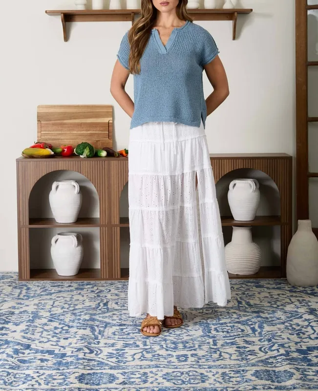 Split Neck Raw Edge Sheer Knit Top