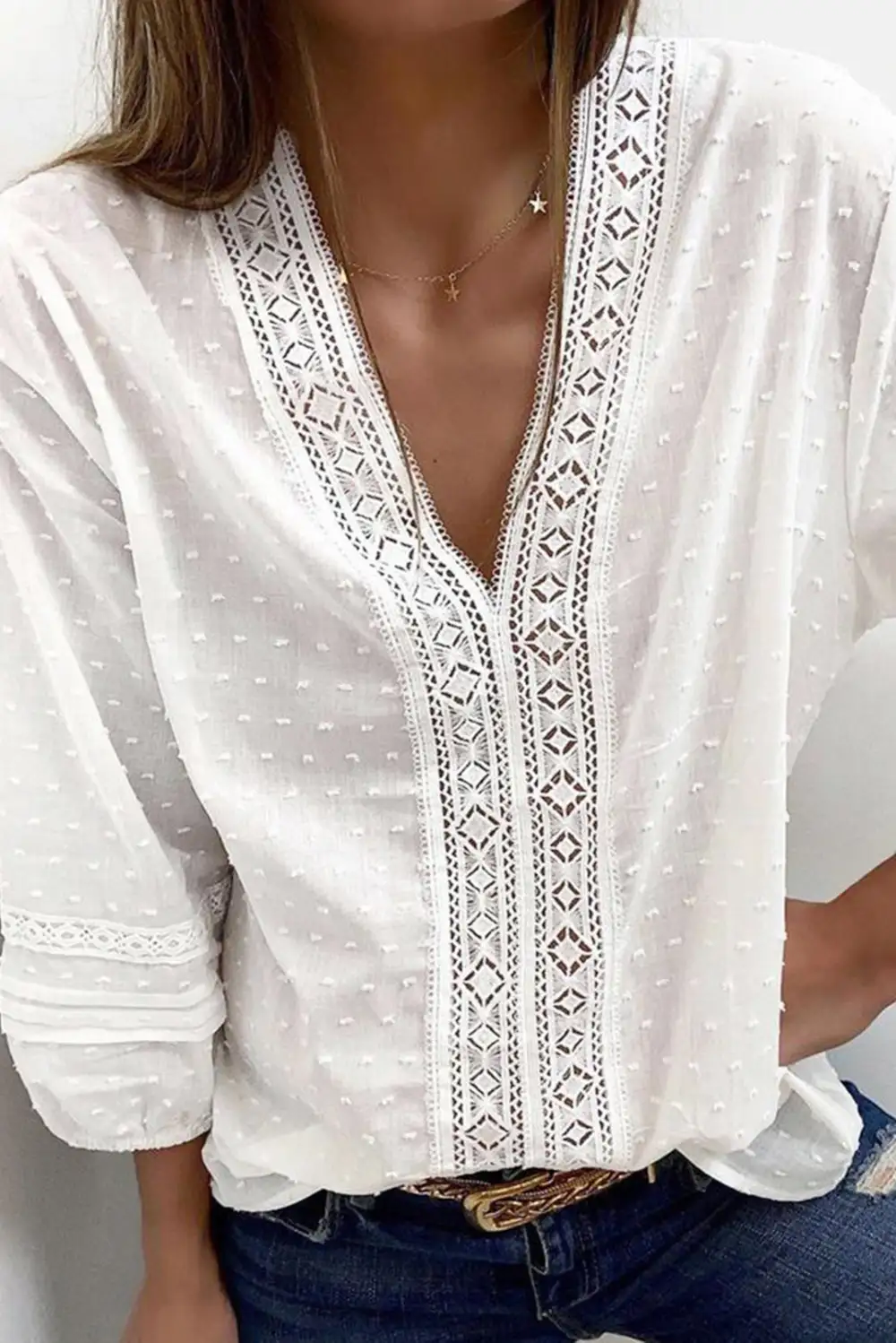 V Neck Three Quarter Sleeve Swiss Dot Casual Shirt
