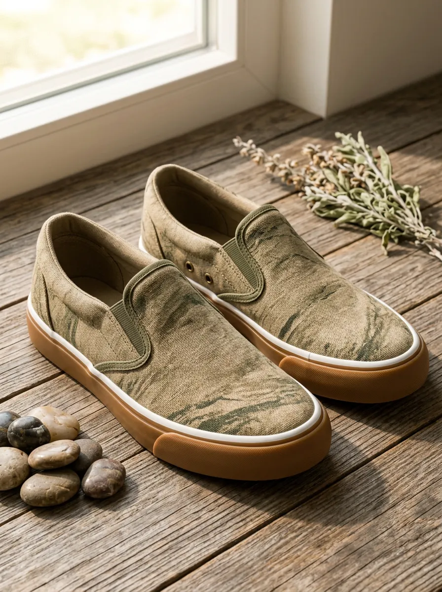 Men's Olive Green Camo Pattern Printed Canvas Slip-on Shoes