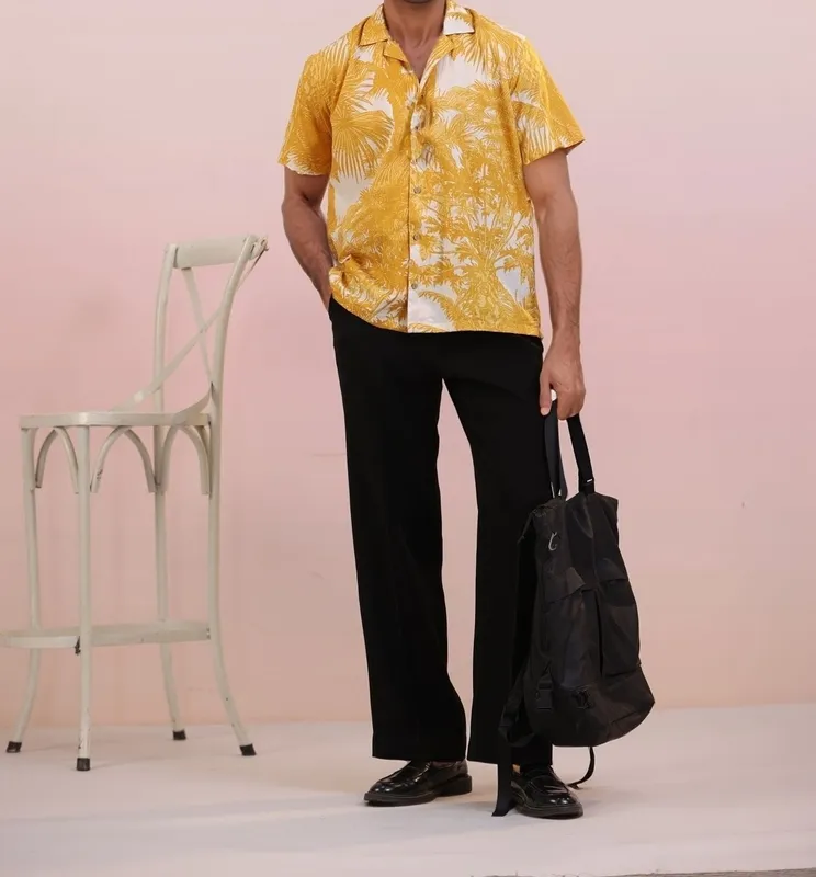 Yellow Jungle Mulmul Cotton Camp Collar Shirt