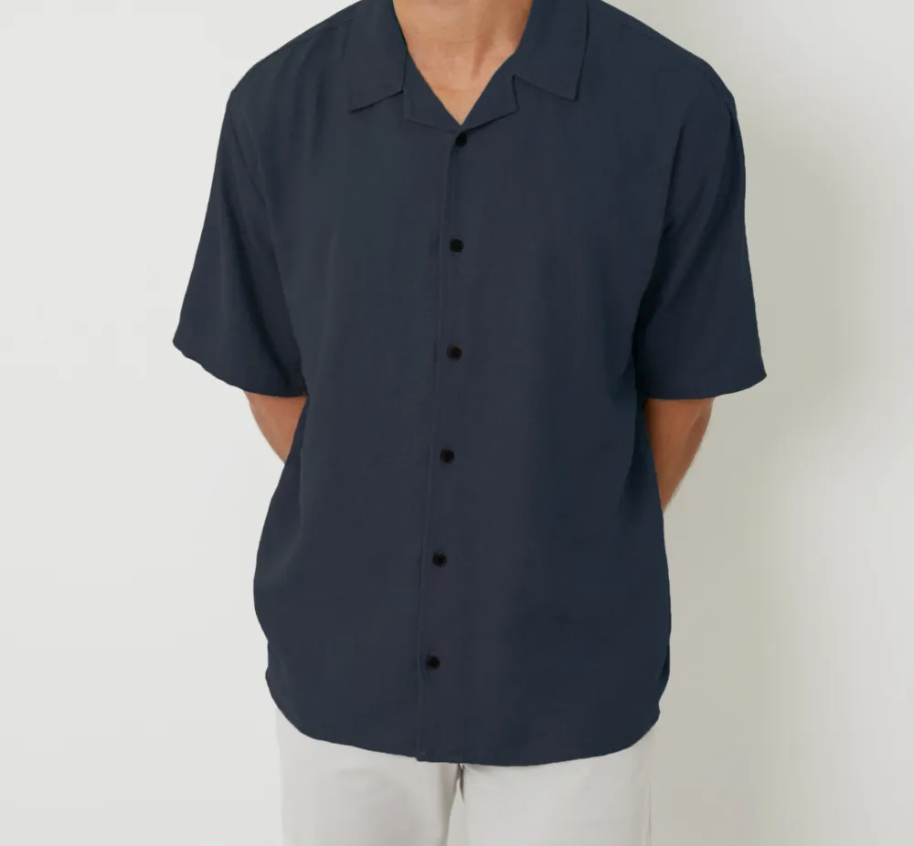Men's Navy Relaxed-Fit Linen Blend Revere Collar Short Sleeve Shirt