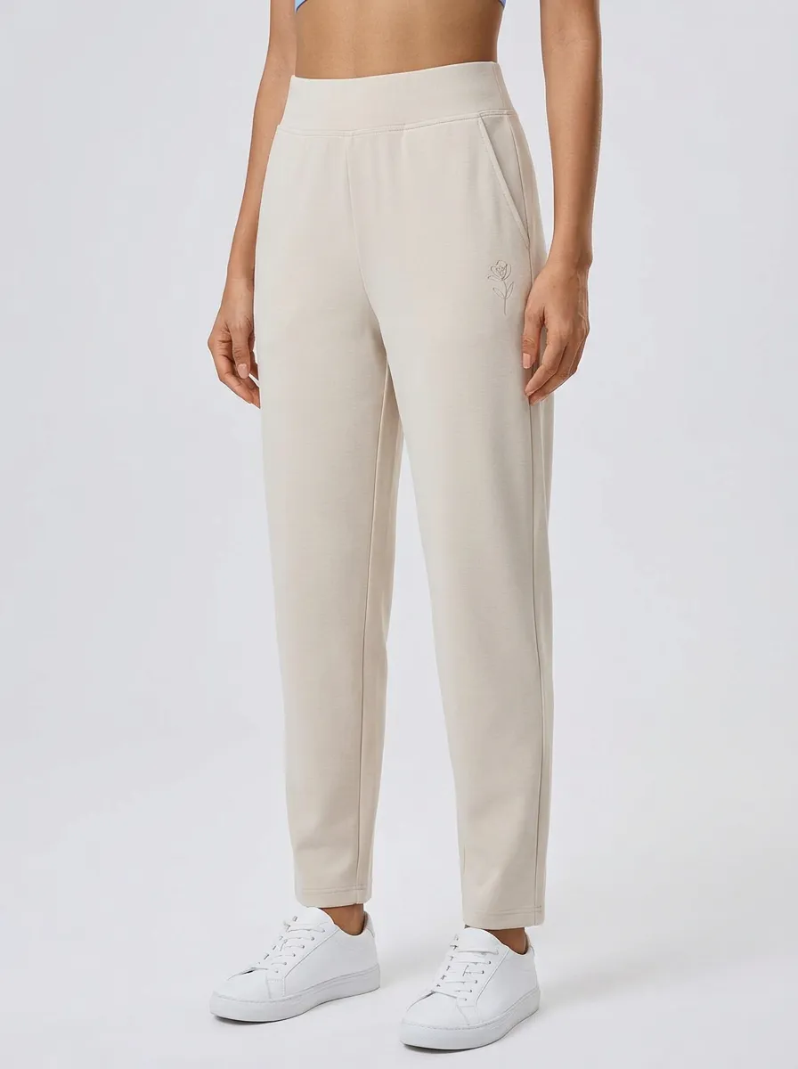 Women's Minimalist Beige Rose Line Art Printed Sweatpants