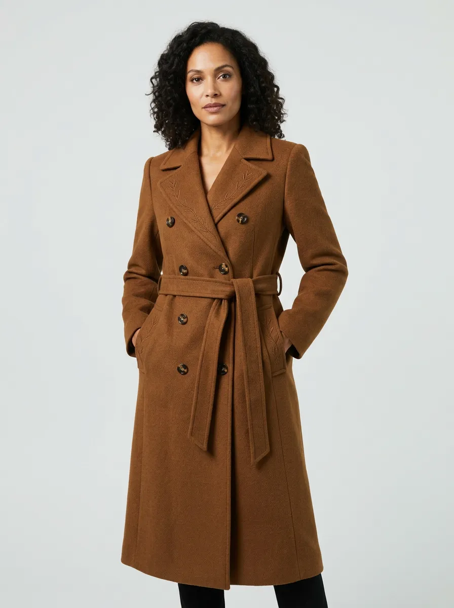 Women's Brown Leaf Embroidered Double-Breasted Belted Wool Coat