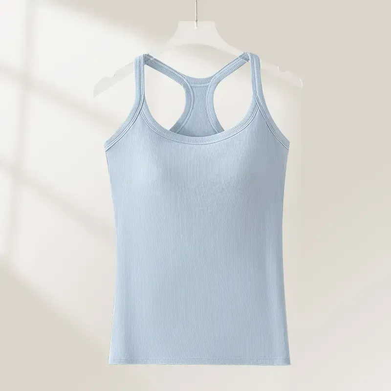 Women's Ribbed Built-in Bra Tank Top | Racerback Cropped Camisole with Removable Pads | Wireless Supportive Workout Yoga Top