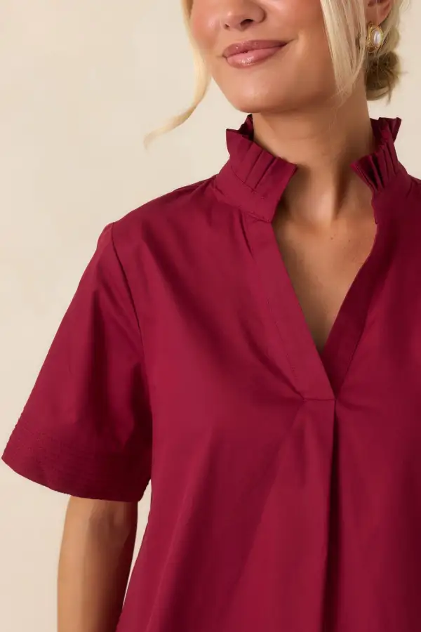 Short-Sleeve Ruffle-Collar Cotton Denim Blouse