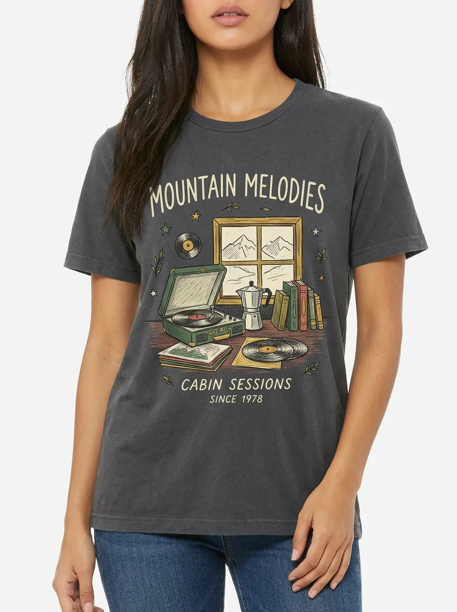 Women's Music-Inspired Mountain Melodies Record Player Printed T-Shirt