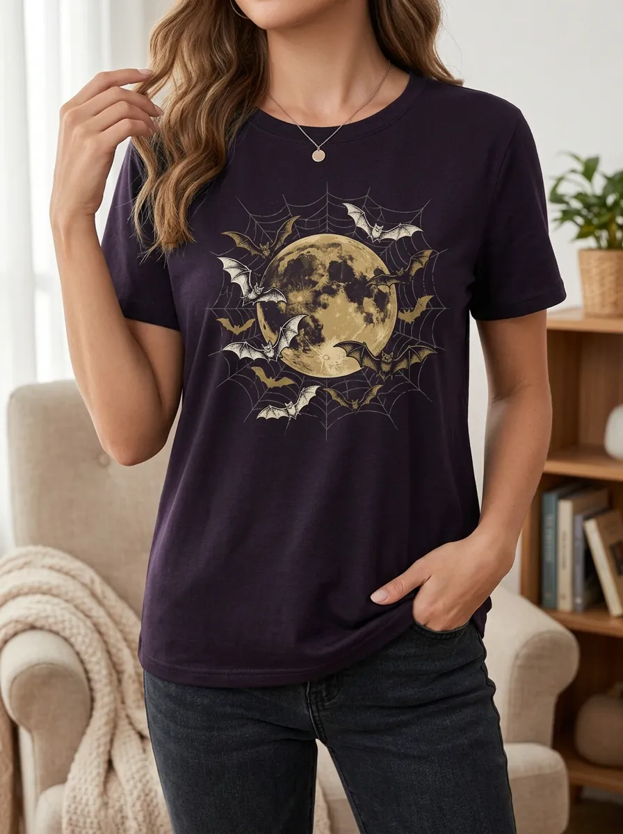 Women's Halloween Gothic Moon Bats Spiderweb Printed T-shirt