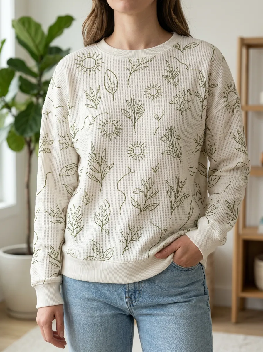 Women's Botanical Sun Lover Green Leaf Printed Waffle Knit Sweatshirt