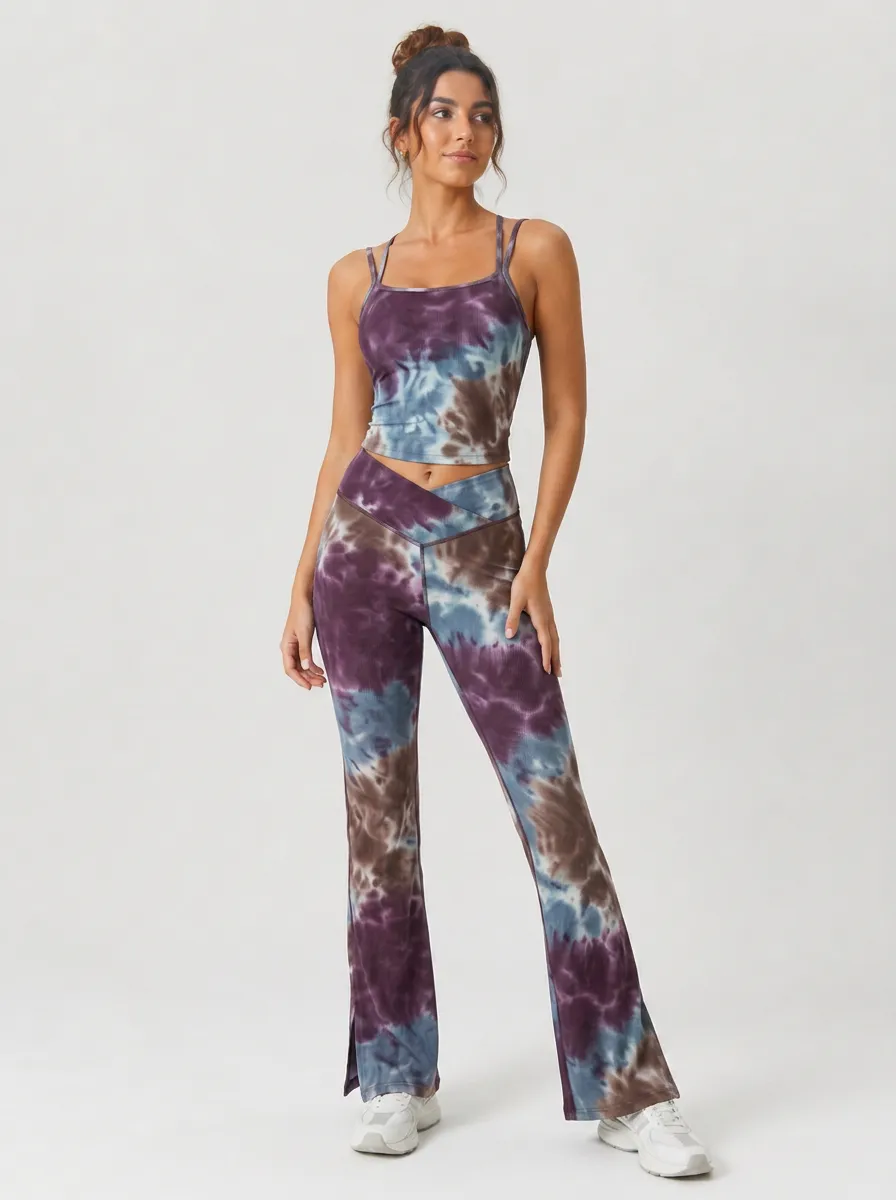 Women's Yoga Fitness Purple Blue Tie Dye Printed Ribbed Set
