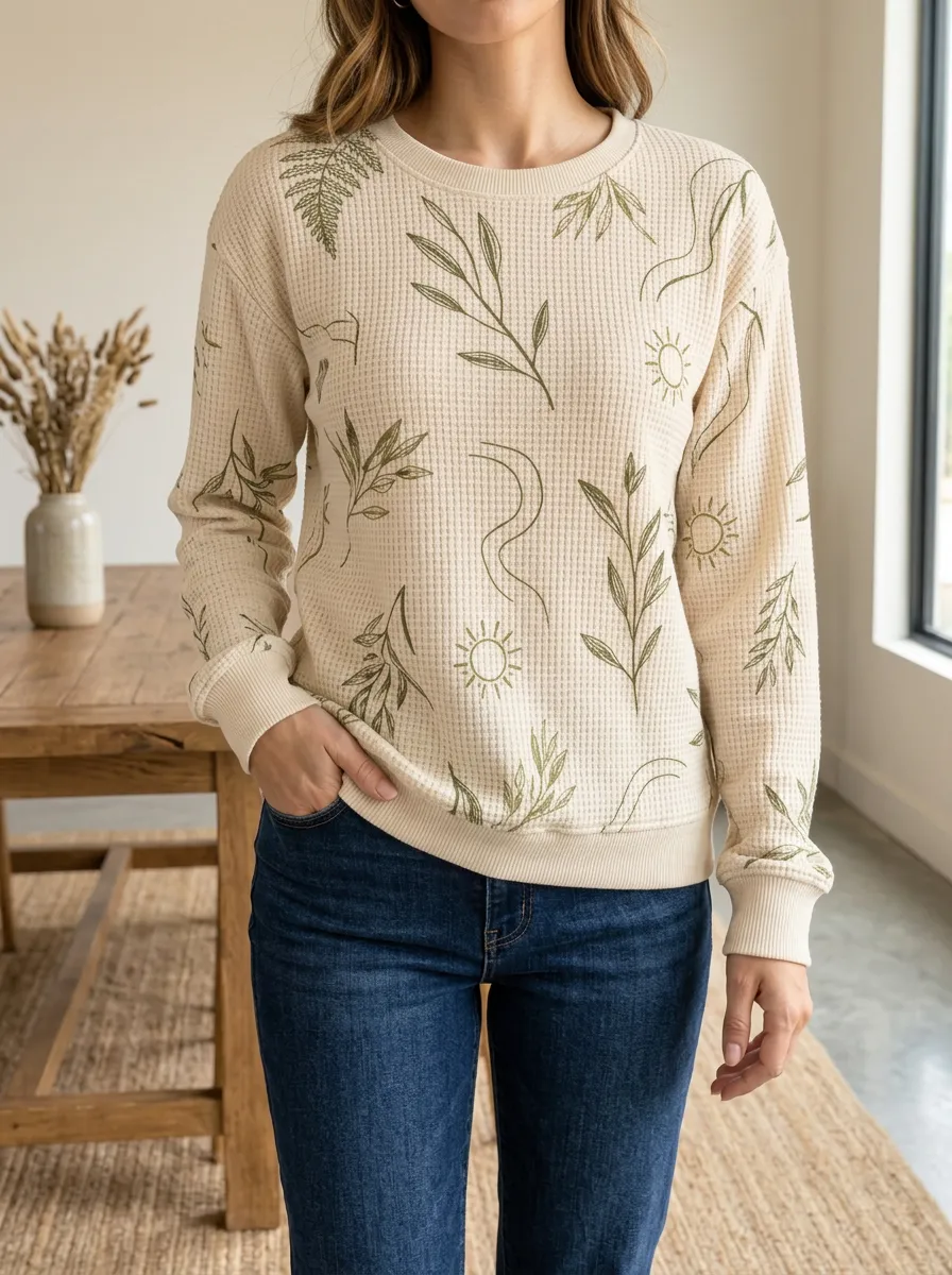 Women's Botanical Sun Graphic Waffle Knit Crewneck Sweatshirt