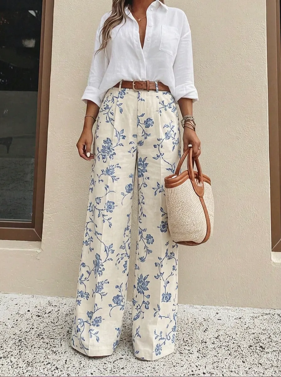 Women's Vintage Floral Blue White Patterned High-Waisted Wide-Leg Pants