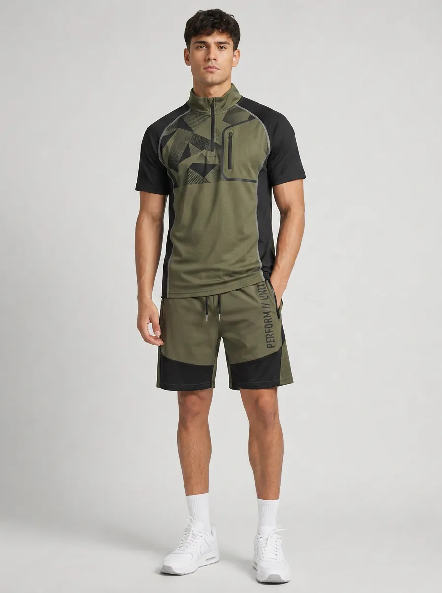 Men's Active Sports Geometric Pattern Printed Quarter-Zip Shorts Set