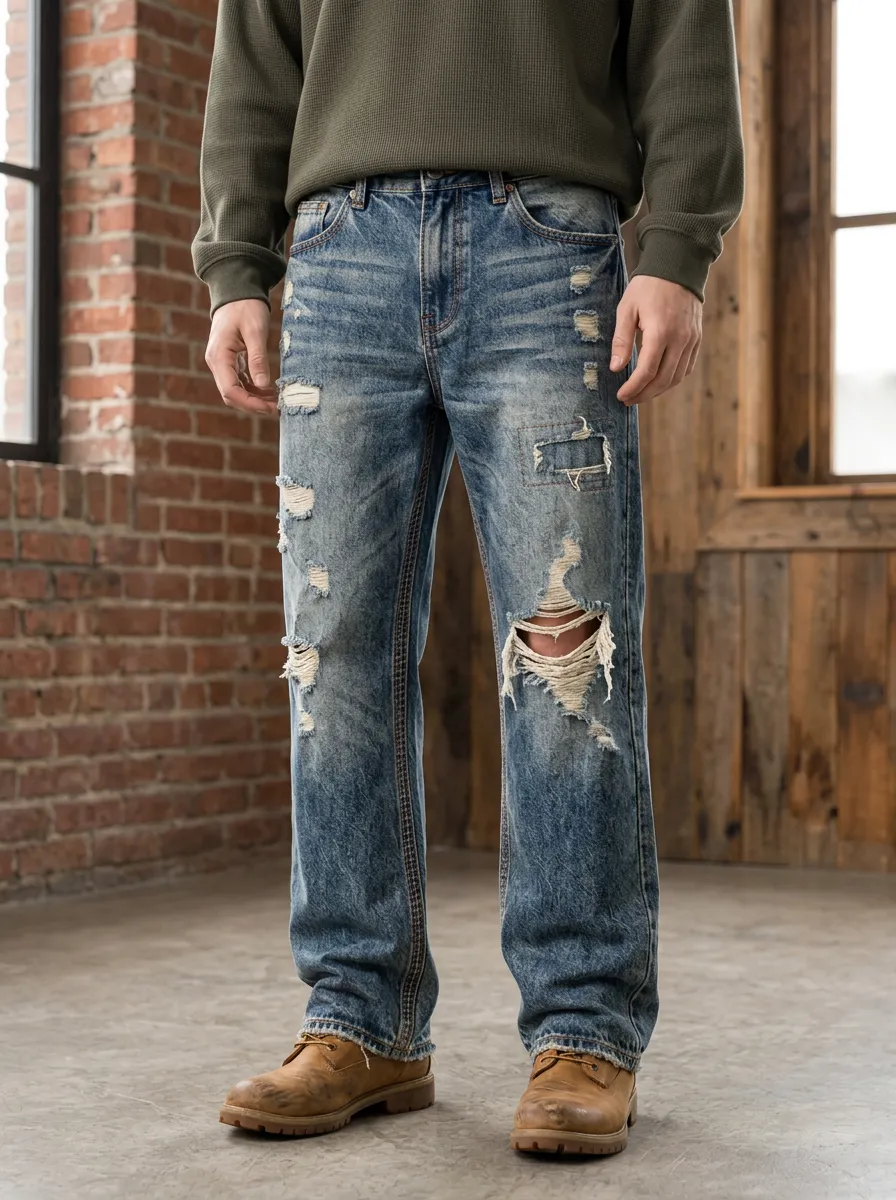 Men's Button Fly Detail Ripped Jeans