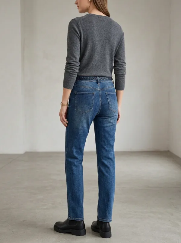Women's High-Waisted Braided Belt Detail Blue Denim Jeans