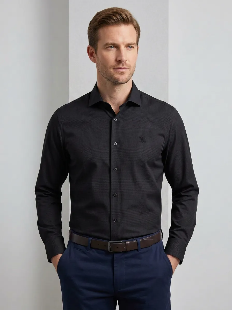 Men's Non-Iron Cotton Micro-Check Embroidered Logo Dress Shirt