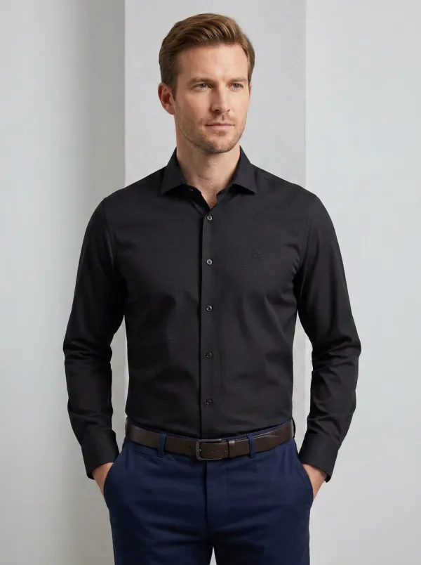 Men's Non-Iron Cotton Micro-Check Embroidered Logo Dress Shirt