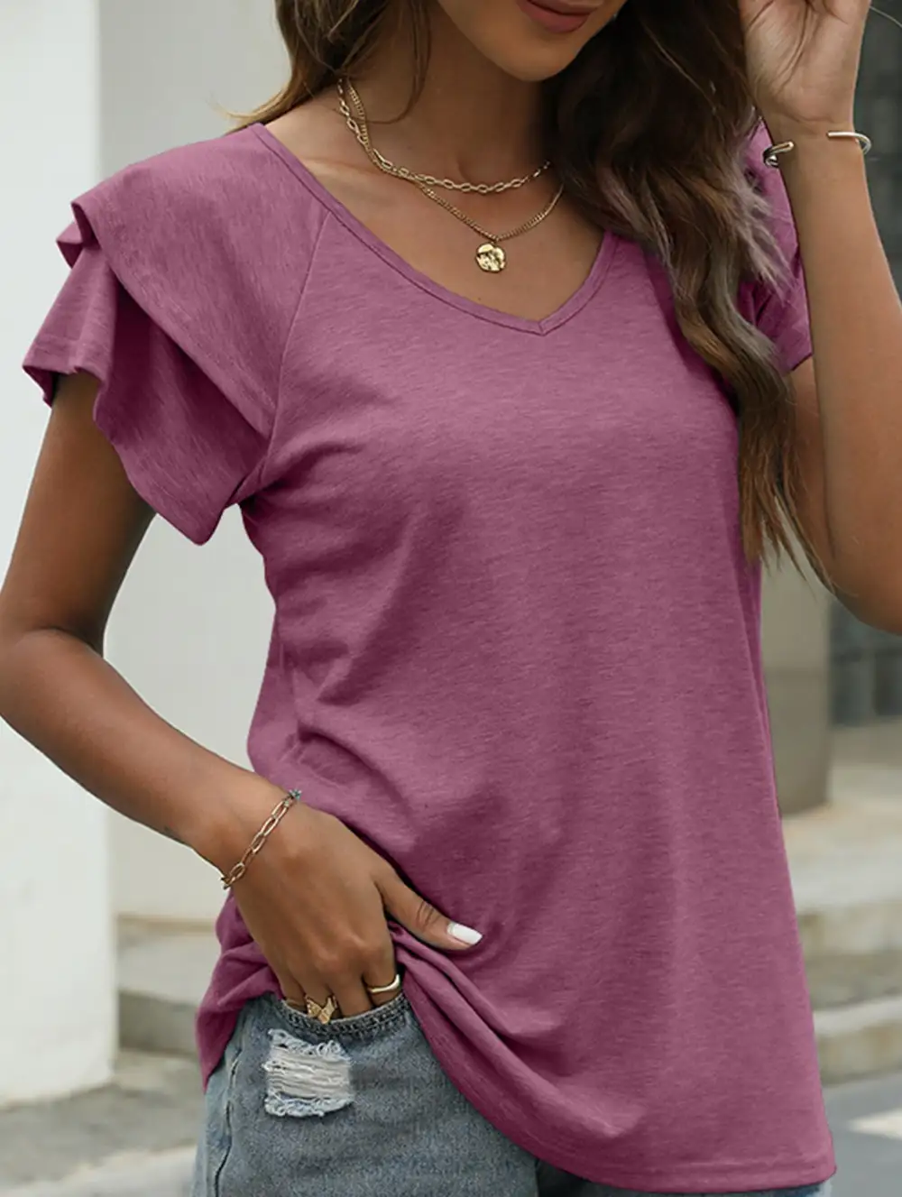V Neck Double Layer Ruffle Sleeve Tank Top