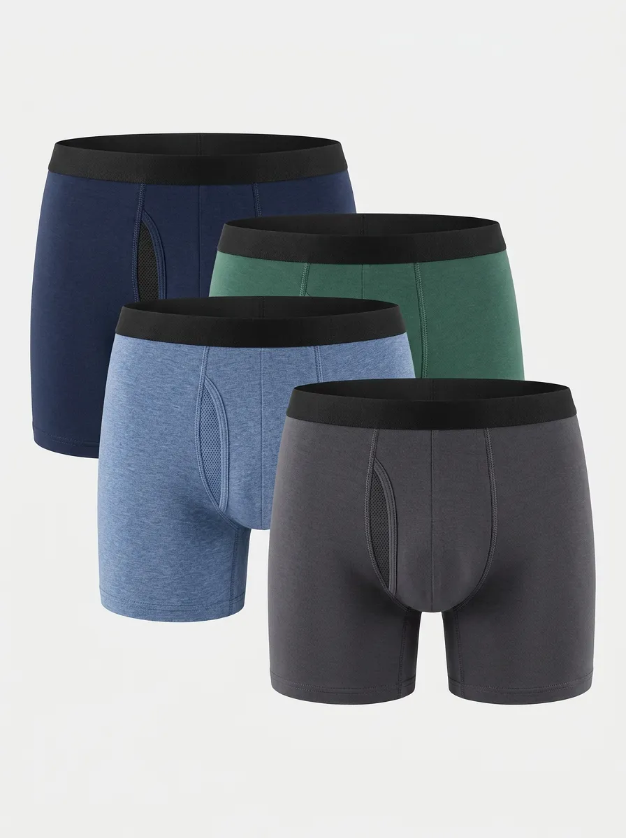 Mesh Breathable-Look Solid Cotton Men's Boxer Briefs Four-Pack