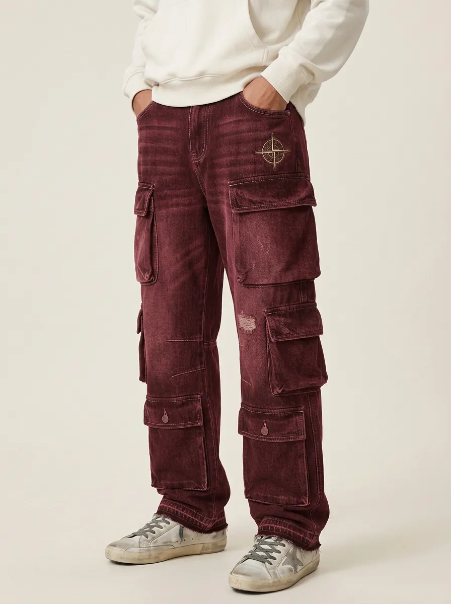 Men's Streetwear Compass Logo Washed Black Printed Cargo Jeans