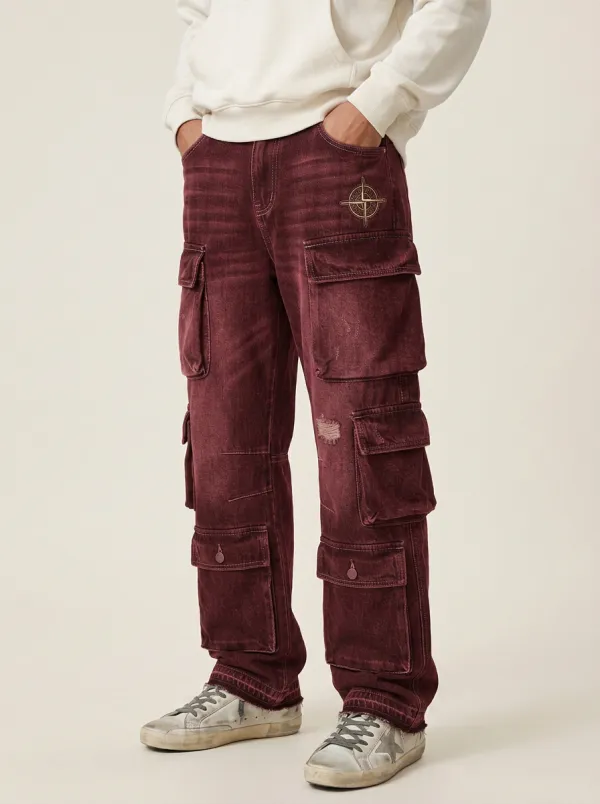 Men's Streetwear Compass Logo Washed Black Printed Cargo Jeans