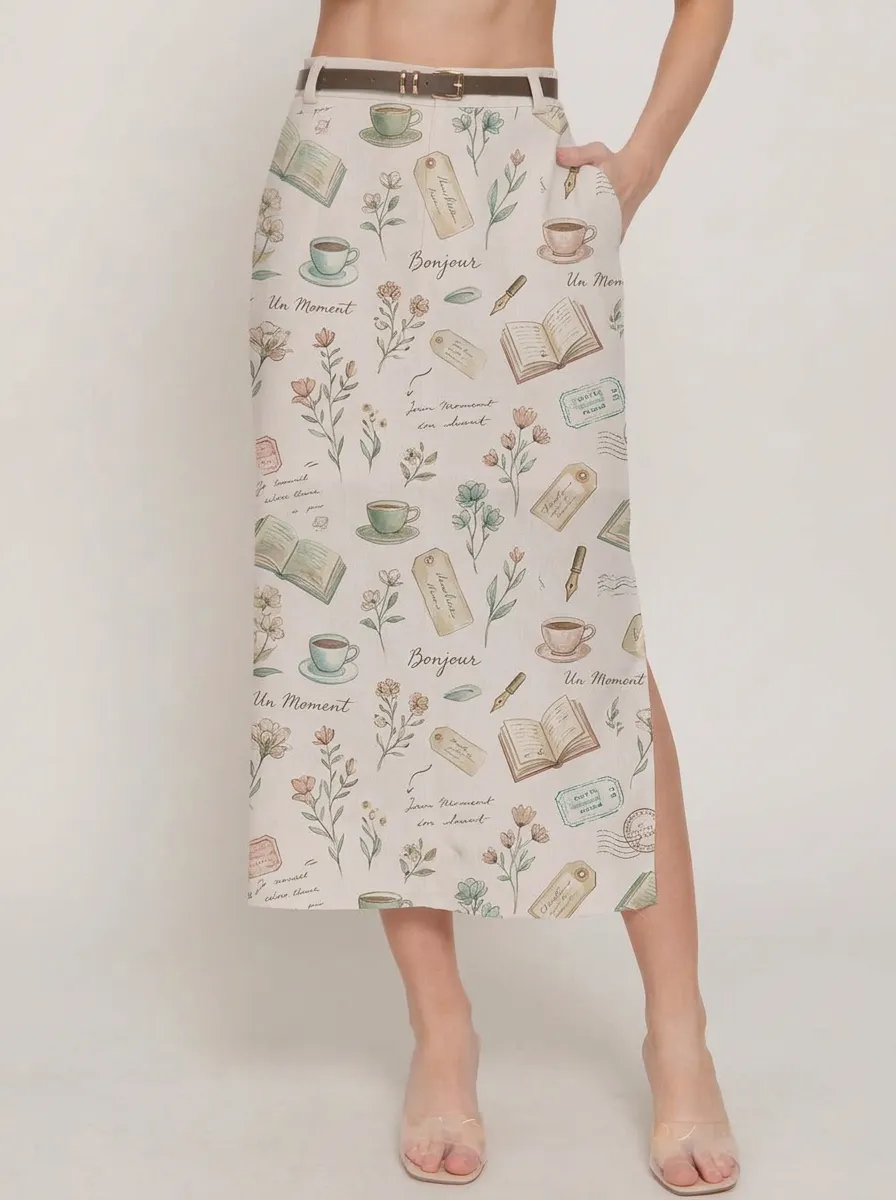 Women's Book Lover Coffee Floral Stationery Printed Midi Skirt