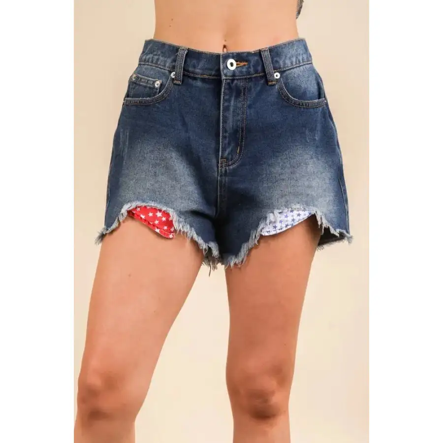 Very J Raw Hem Pocketed Contrast Washed Denim Shorts