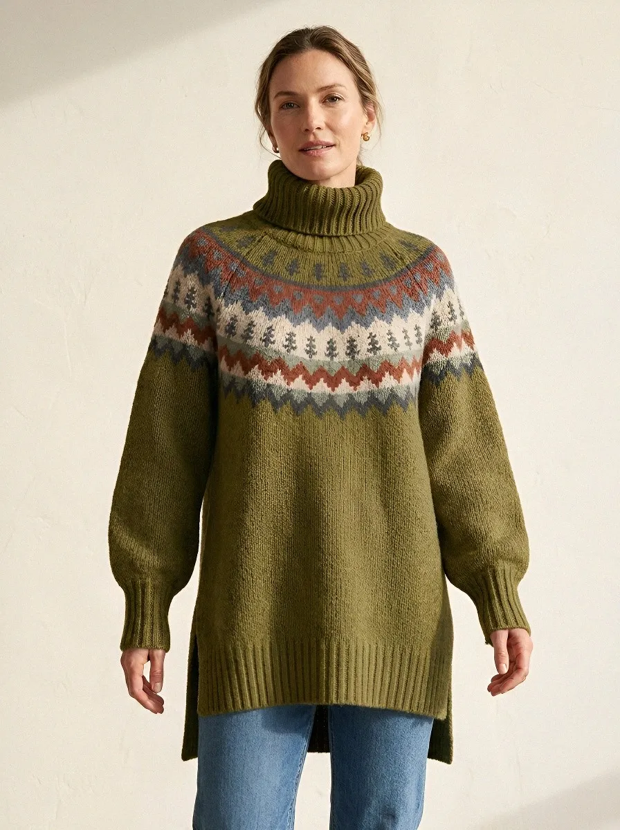 Women's Winter Forest Fair Isle Pattern Printed Turtleneck Sweater