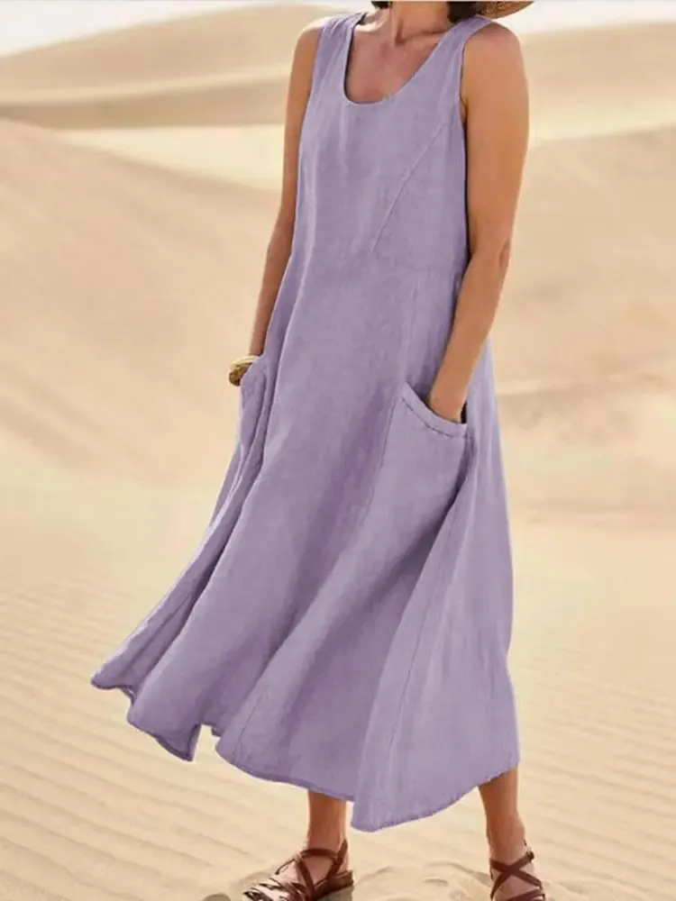 Sleeveless Linen Blend Cotton Blend Maxi Relaxed Fit Dress