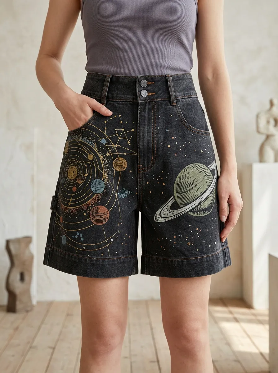 Women's Easygoing Astronomy Lover Solar System Printed Denim Shorts