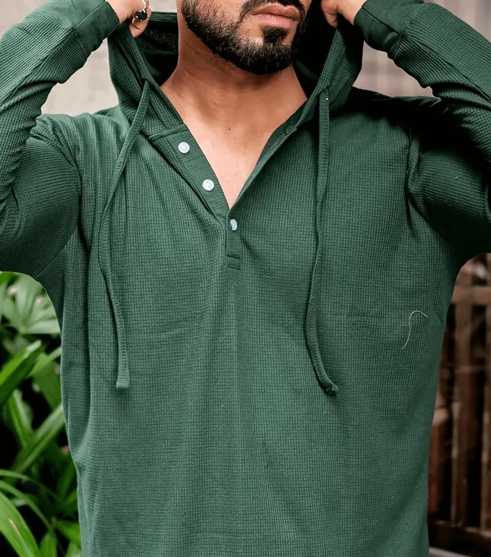 Green V-Neck Henley Style Casual Shirt