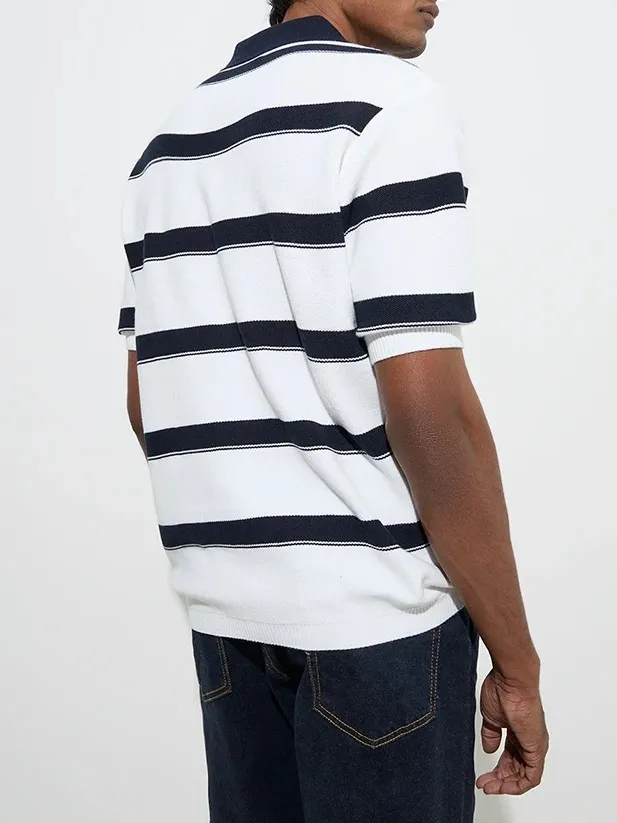 Navy Loose Cotton-Blend Polo Shirt