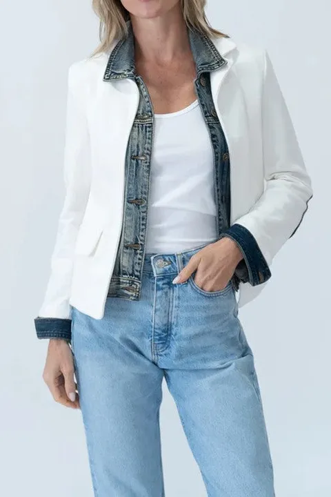 White Denim Contrast Trim Blazer
