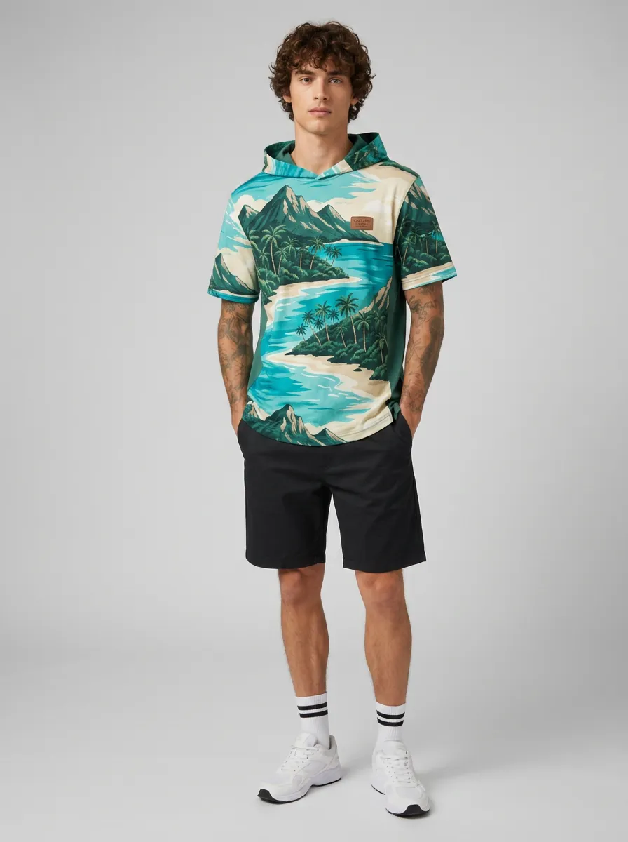 Men's Tropical Beach Mountain Landscape Printed Short Sleeve Hoodie