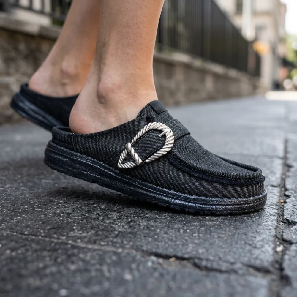 Casual Slip Buckle Denim Mule Shoes