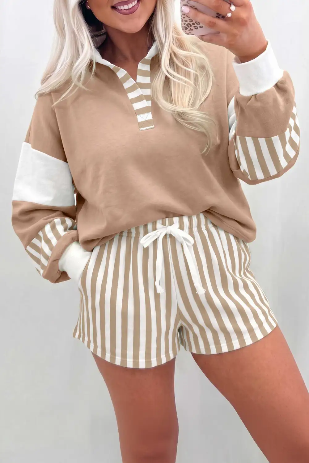 Women's Striped Color Block Pullover Top Drawstring Shorts Set