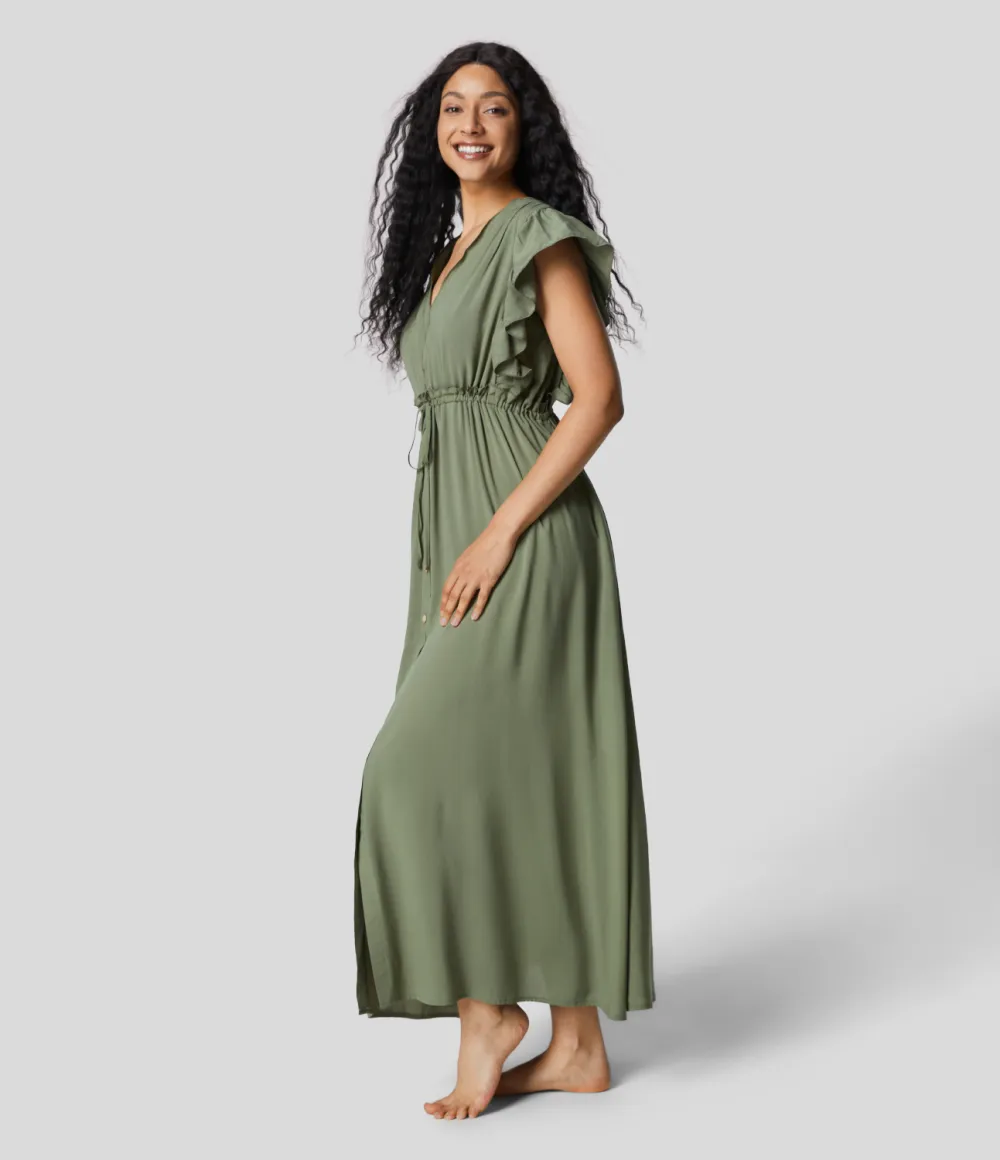 Deep V Neck Butterfly Sleeve Backless Drawstring Button Side Pocket Flowy Maxi Casual Dress