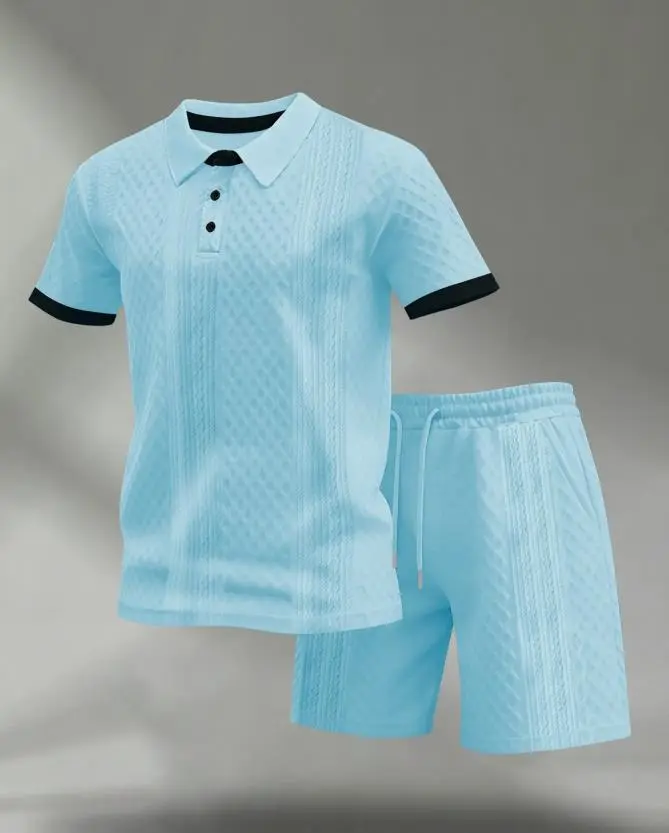 Men's Colorblock Polo Shirt & Drawstring Shorts Set, Textured Knit Short Sleeve, Casual Daily Wear, Summer Tropical Fashion Choice, Menswear, Clothes