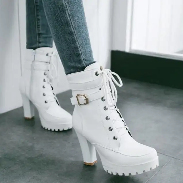Buckle Strap Lace-Up Heeled Combat Boots