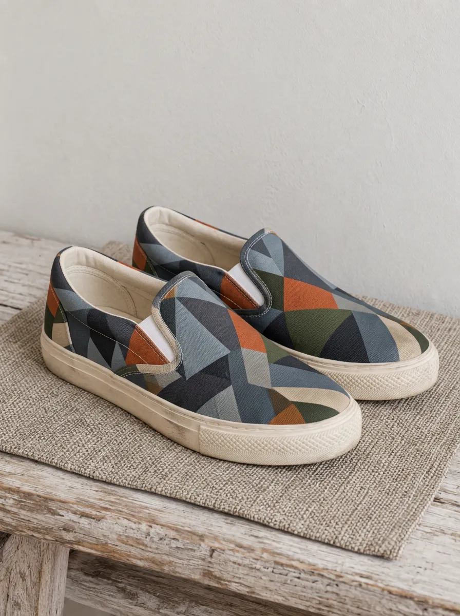 Men's Geometric Pattern Multicolor Printed Canvas Slip-on Shoes