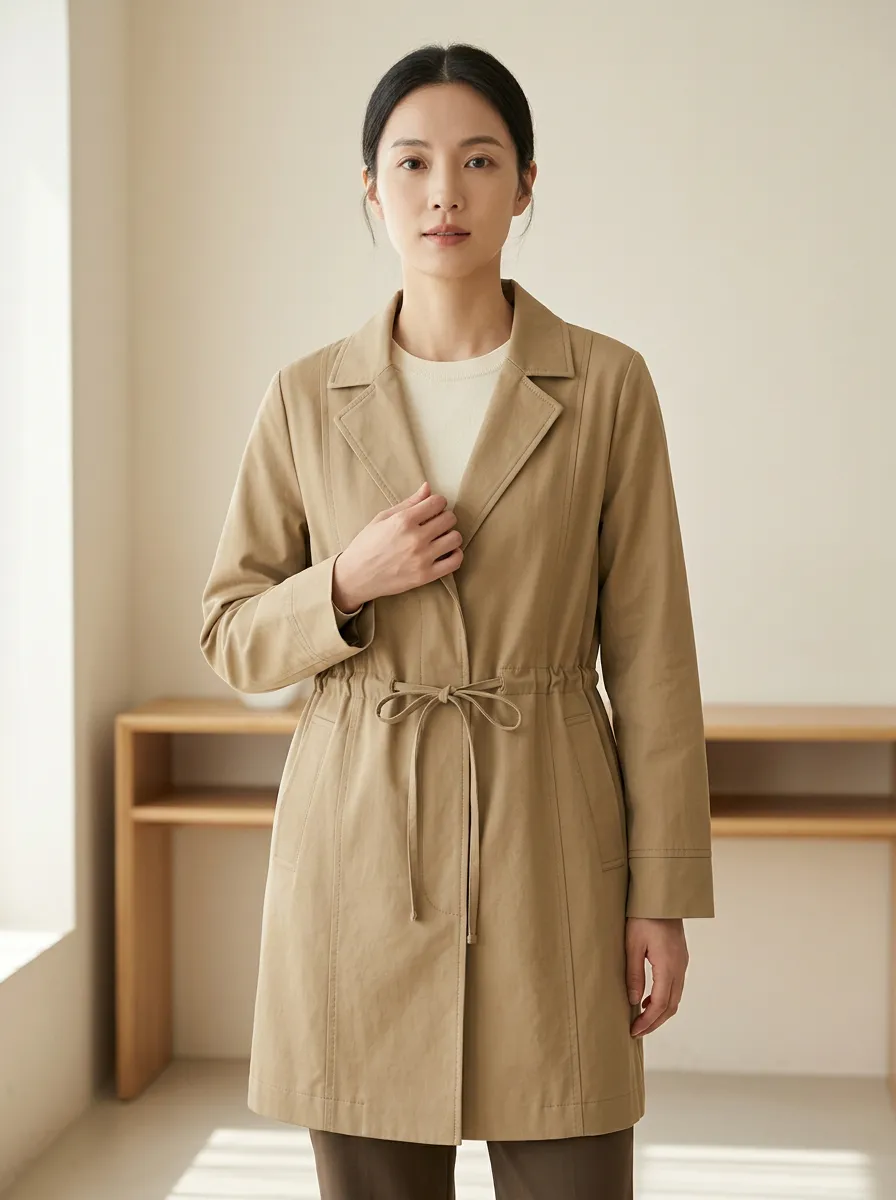 Refined Drawstring Waist Trench Coat