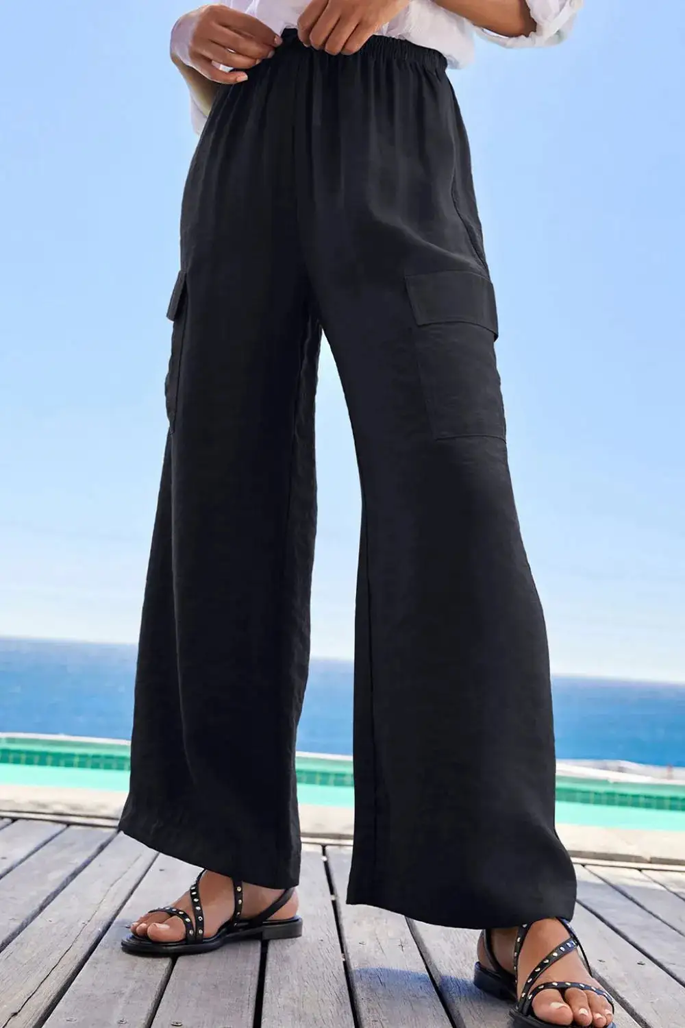 Drawstring Frilled Waist Wide Leg Utility Trousers