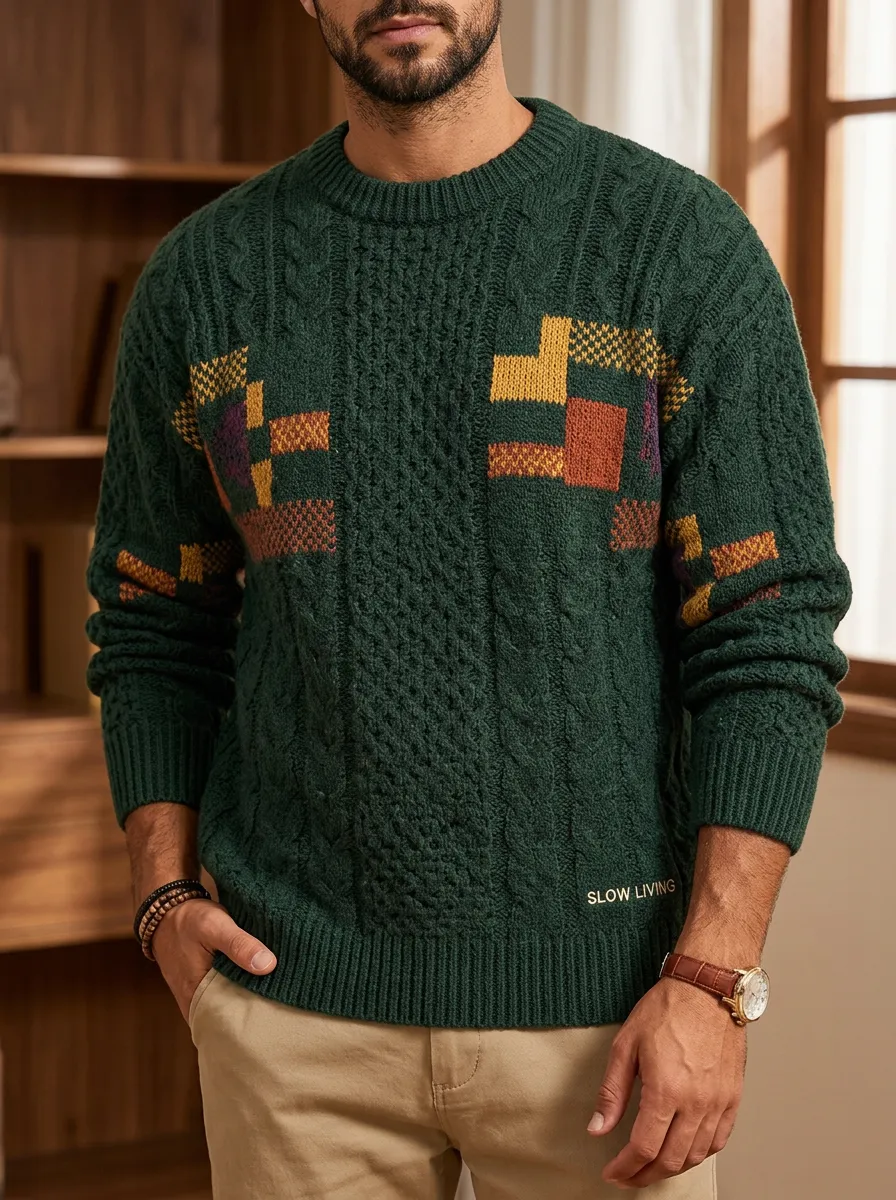 Men's Geometric Patchwork Cable Knit Sweater