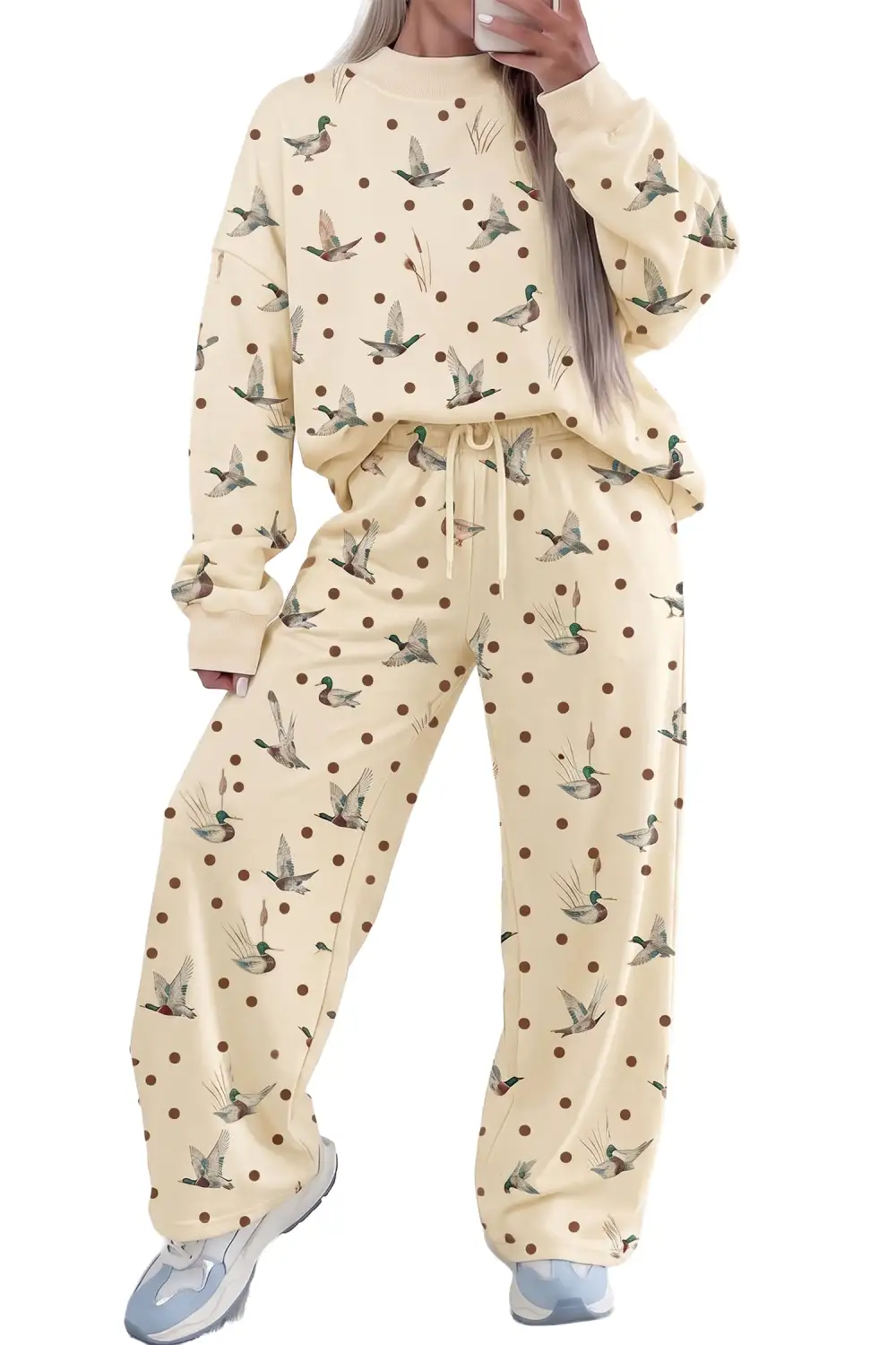 Women's Polka Dot Mallard Print Crewneck Pullover Two Piece Pants Set