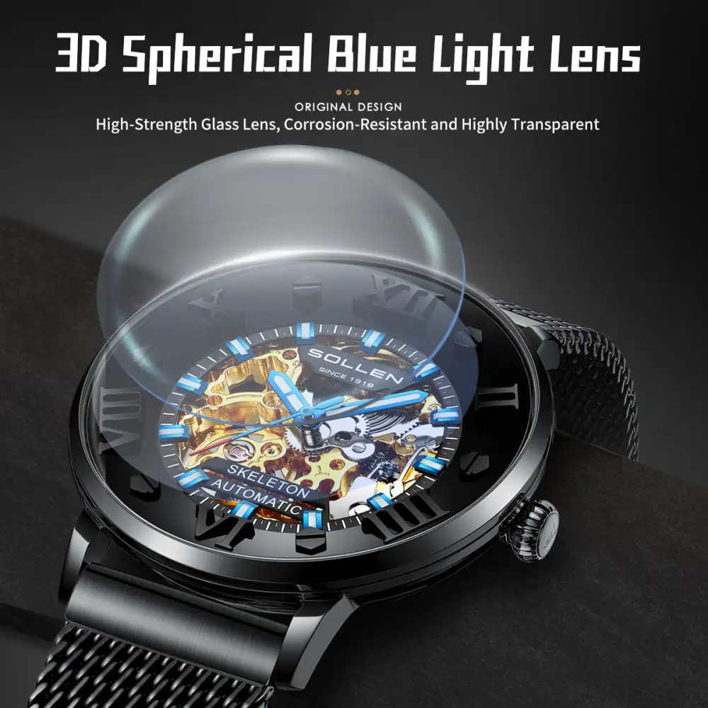 Sollen SL307 Men's Full Skeleton Automatic Mechanical Watch - 42mm Stainless Steel Case Slim 9.9mm Roman Numeral Bezel Mesh Bracelet Wristwatch